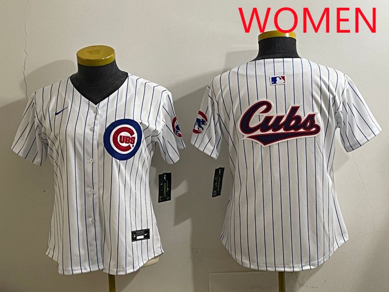 Women 2025 Chicago Cubs Blank White Stripe Game Nike MLB Jersey style 5->women mlb jersey->Women Jersey